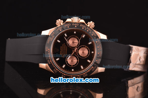 Rolex Daytona Asia 3836 Automatic Rose Gold Case - PVD Bezel with Black Dial and Black Rubber Strap - 7750 Coating - Click Image to Close